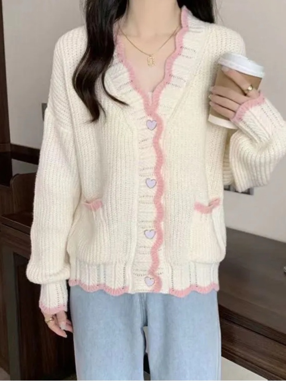 💕💗💓💌Cute White Knit Cardigan with Pink Trim and Heart Buttons